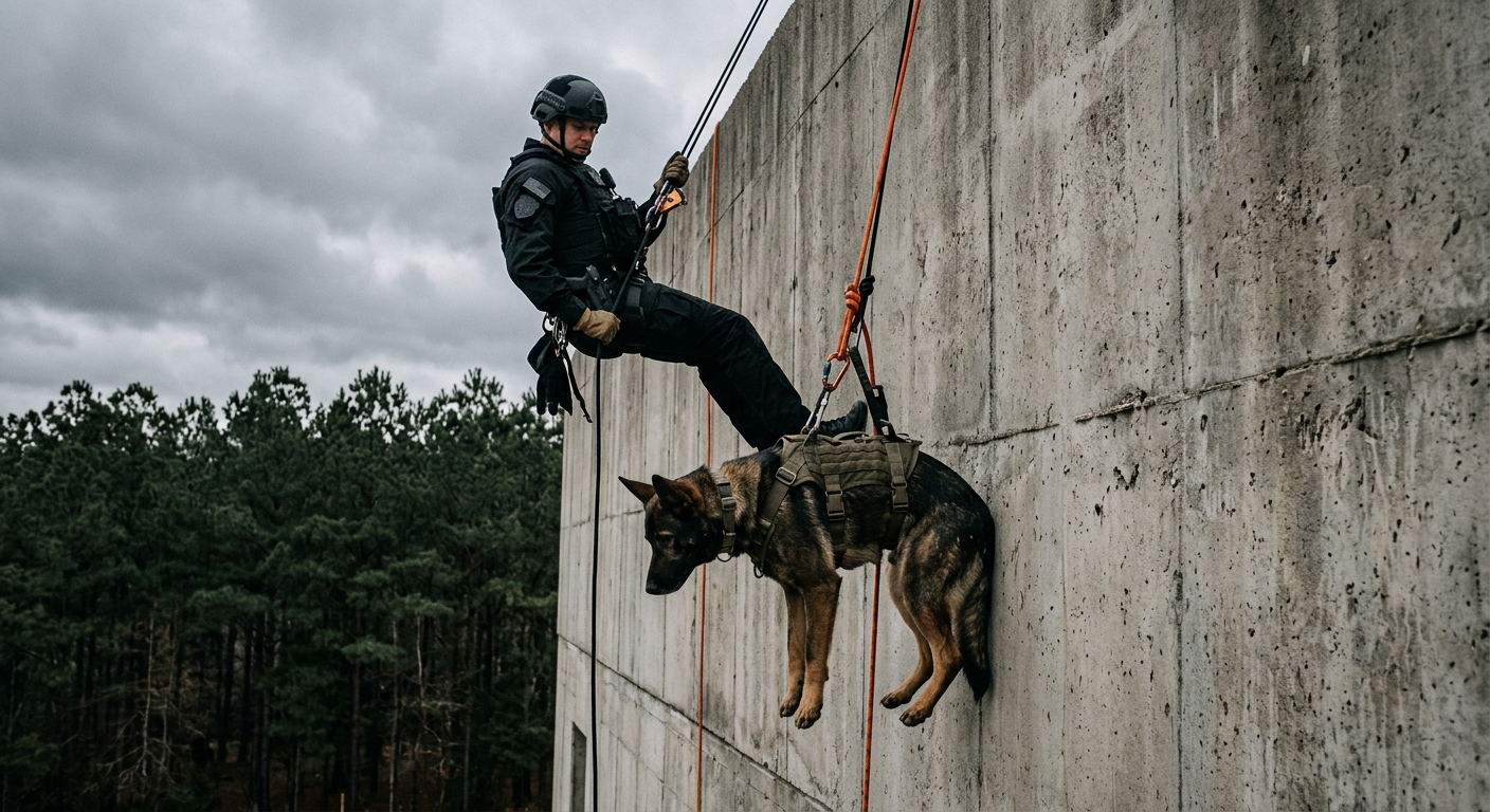 a police K-9 wearing a specialized heavy-duty tactical harness attached to rappelling ropes, suspended against the concrete exterior wall of a building alongsid