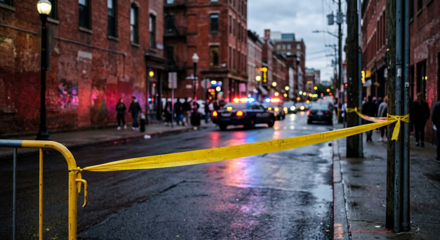 a section of an urban city street blocked off by unprinted yellow caution tape, out-of-focus emergency lights reflecting off the asphalt and nearby brick buildi