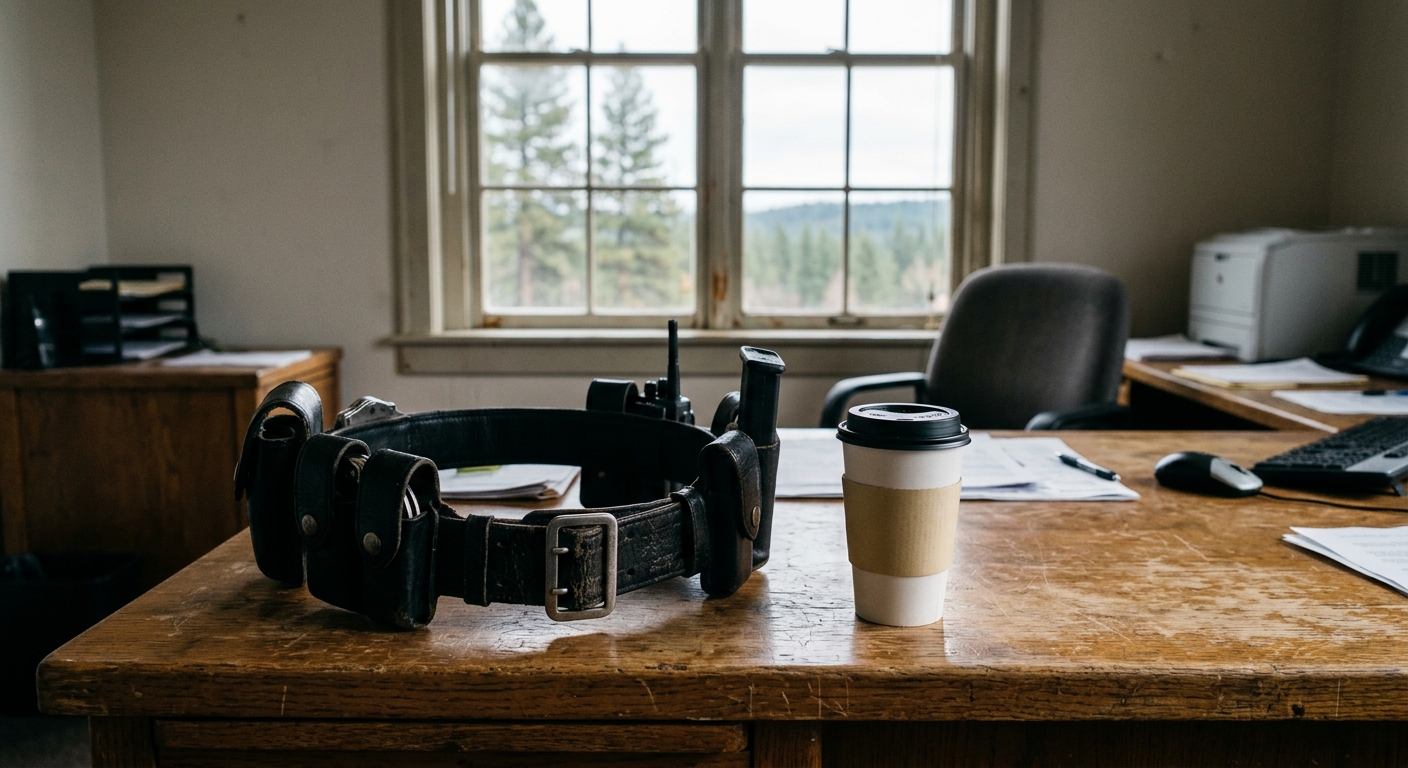 a standard black law enforcement duty belt and a disposable coffee cup resting on a worn wooden desk inside an empty municipal office, with a window in the back
