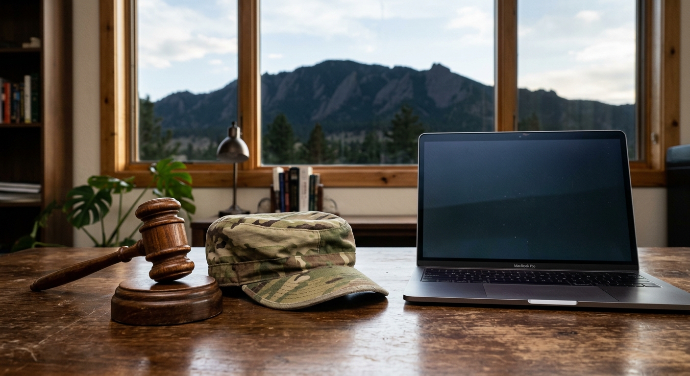 a wooden gavel and a folded military camouflage cap resting on a dark wooden table next to a laptop computer, inside a quiet office with a window showing a silh