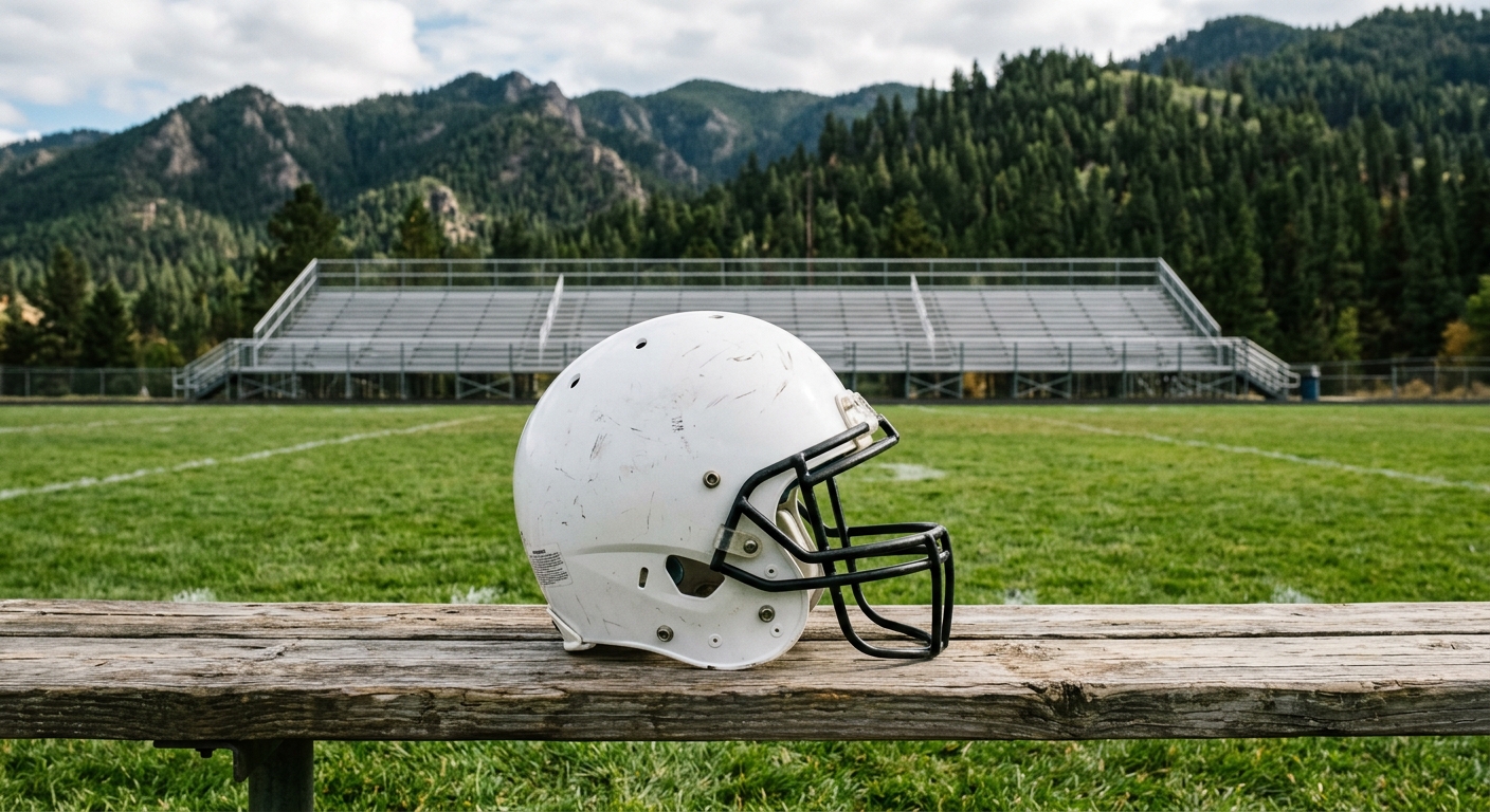 a generic white high school football helmet resting on a wooden sideline bench next to a green grass field, with empty metal bleachers and distant pine-covered