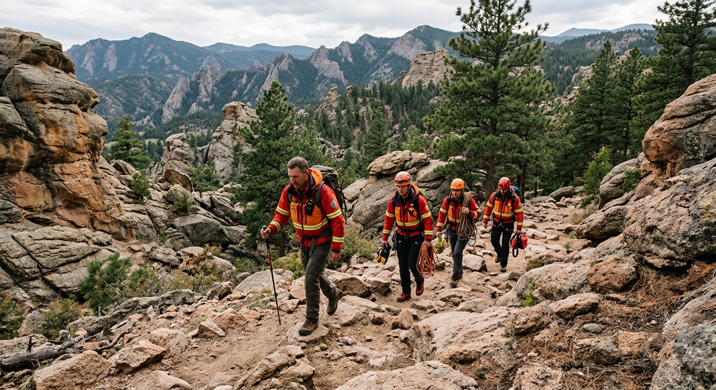 search and rescue personnel in high-visibility jackets walking through a rugged, rocky mountain landscape dotted with pine trees and large sandstone formations,