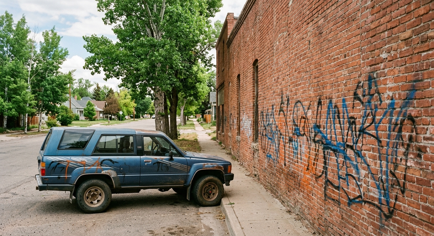 messy streaks of spray paint on the side of an old brick building and the fender of a parked vehicle along a quiet tree-lined street typical of a Colorado town,
