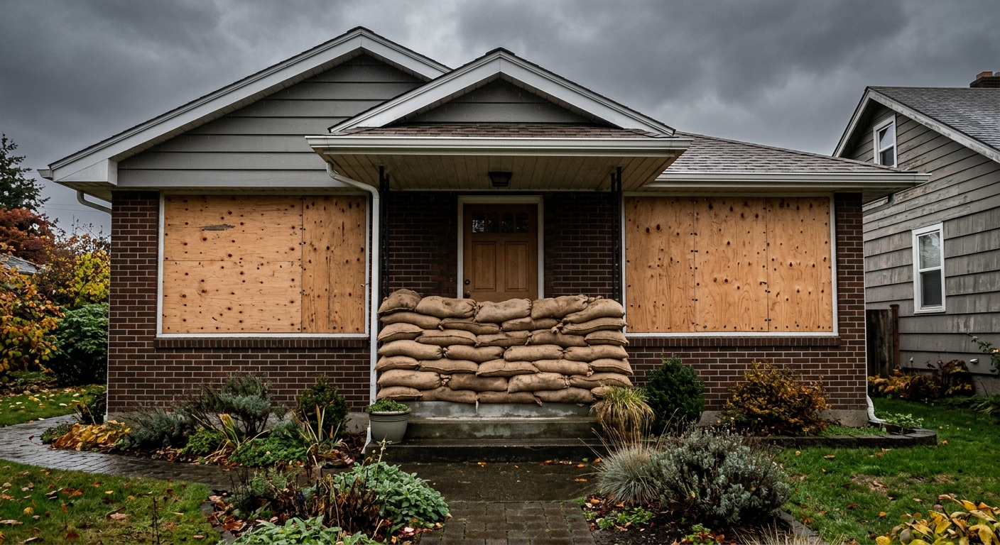 stacked burlap sandbags piled tightly against the front door of a suburban house, thick plywood boards covering the adjacent windows under a dark, heavy gray sk