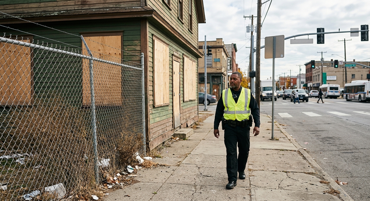 a security guard wearing a plain high-visibility vest patrolling a sidewalk next to a boarded-up vacant house and a chain-link fence near a busy street intersec