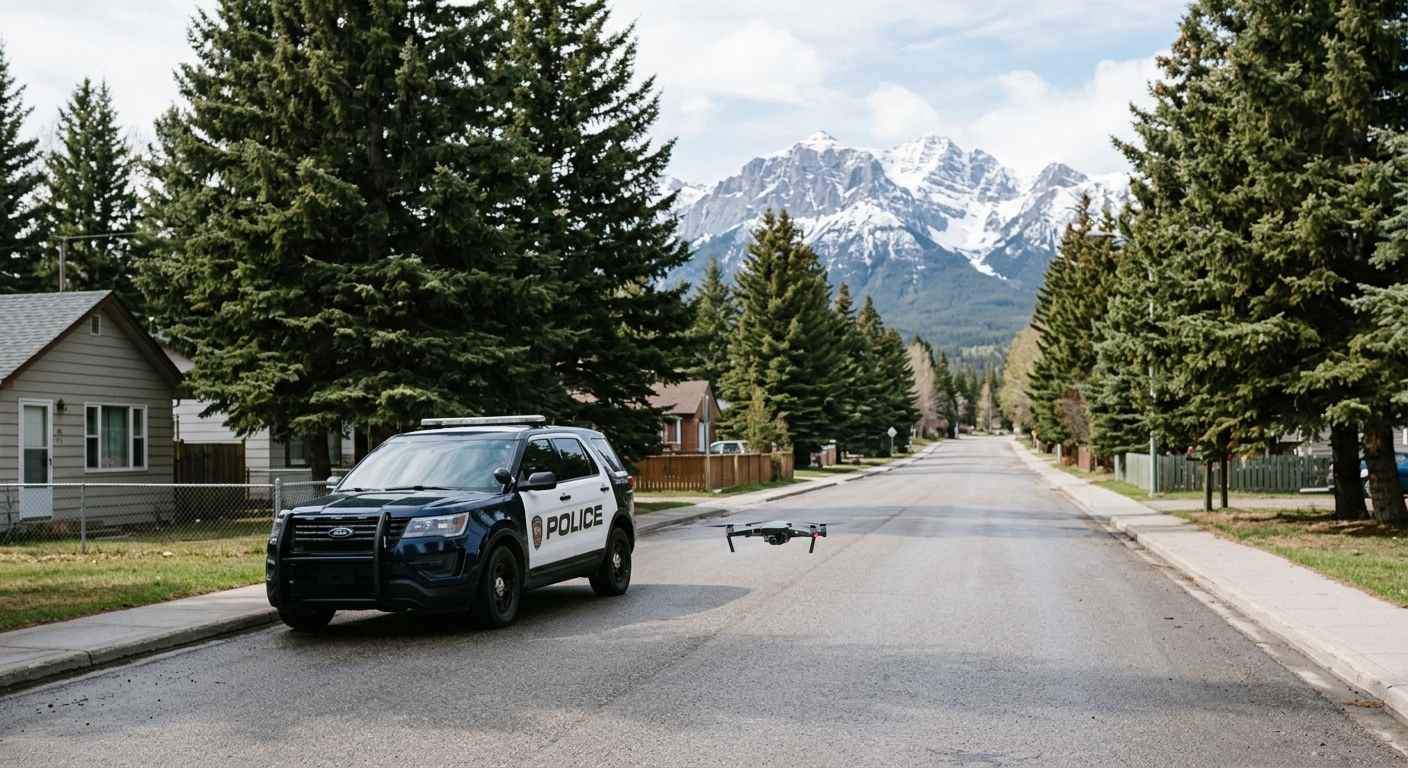 a small remote-controlled quadcopter drone hovering near a parked police cruiser on a residential street lined with pine trees and distant snow-capped mountains