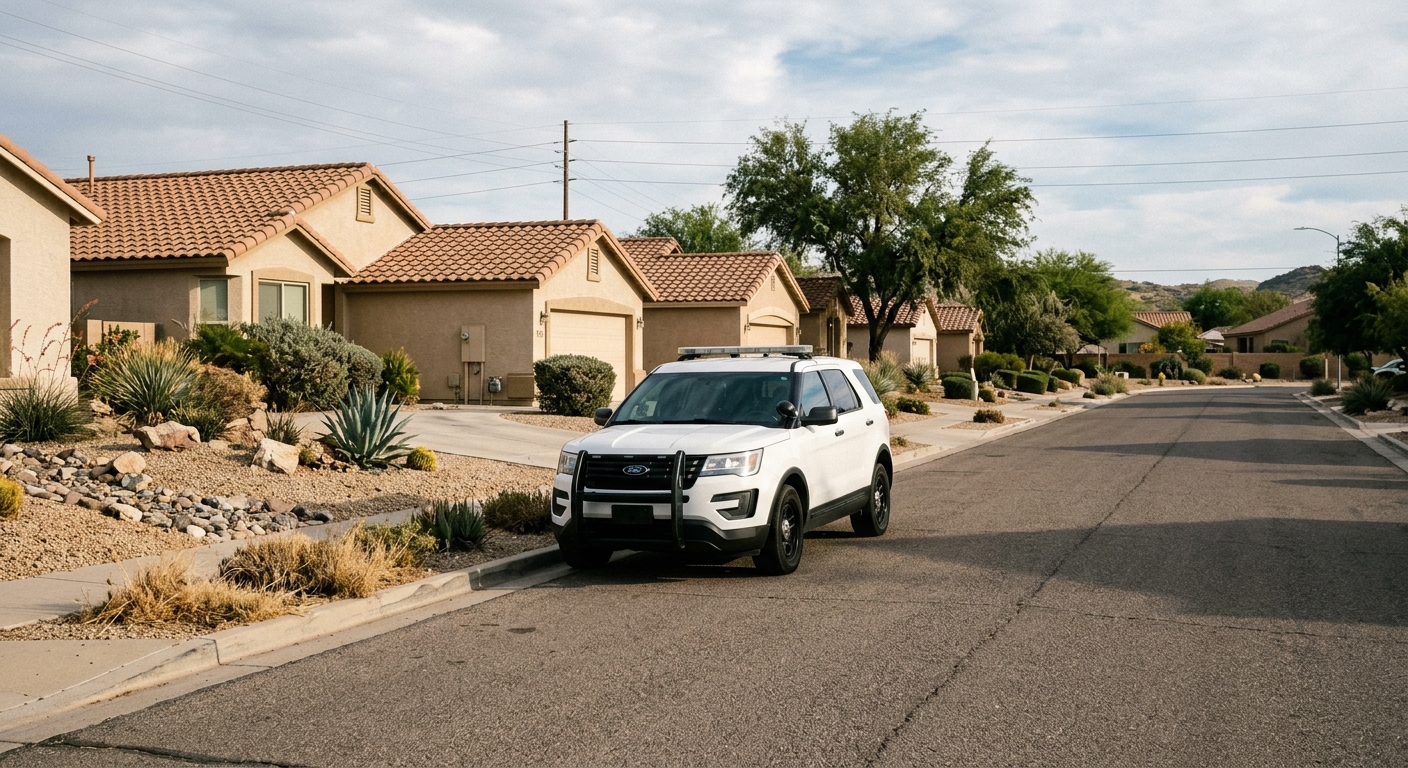 a police cruiser parked on a western American suburban street with dry landscaping and residential houses, natural everyday lighting, shot on a DSLR camera, sli
