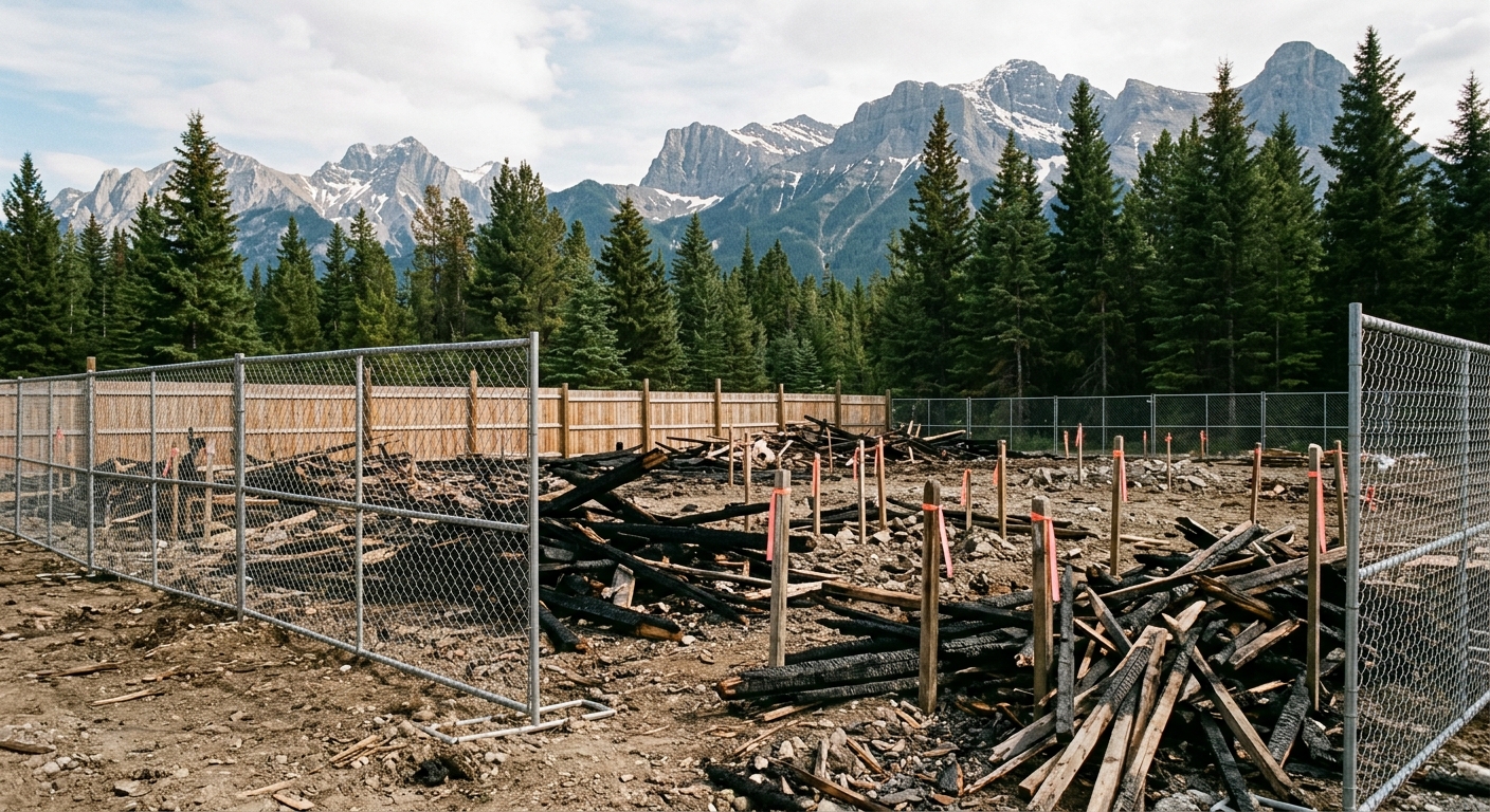 a fenced-off commercial lot with charred wooden debris and wooden surveyor stakes, surrounded by tall evergreen trees and rugged mountain peaks in the backgroun