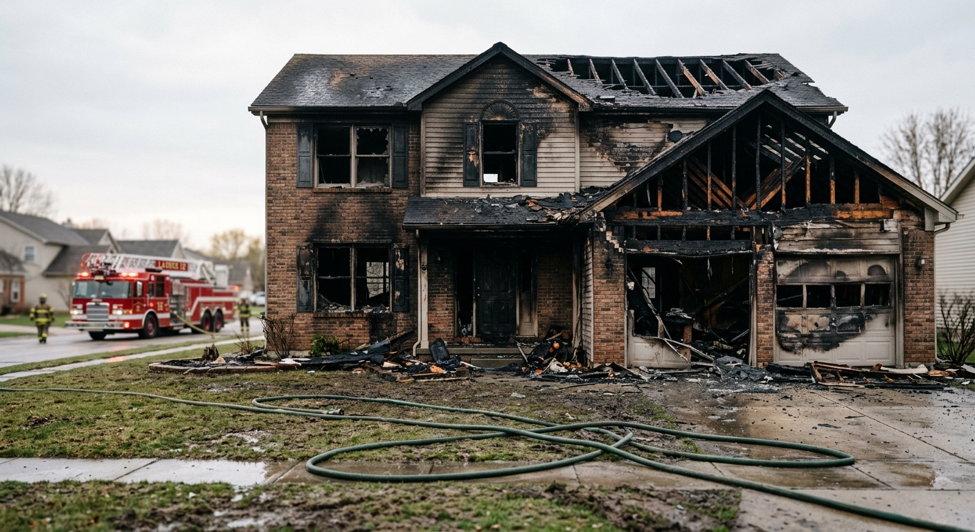 the charred exterior of a two-story suburban home with a heavily fire-damaged garage, a fire hose lying on the wet front lawn, and an out-of-focus red fire engi