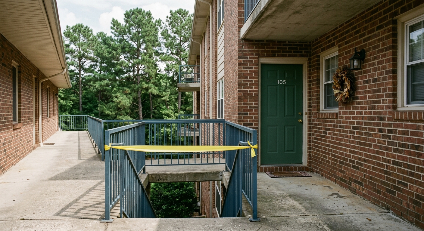 an exterior walkway at a suburban apartment complex, featuring brick walls and a closed residential door, with a plain yellow security ribbon tied across the st