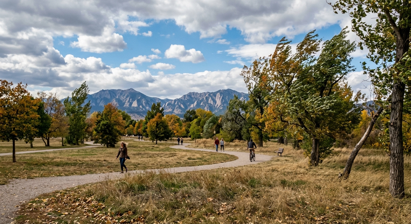 a city park with early autumn trees swaying in a strong breeze under a partly sunny sky, dry grass, and distant mountains in the background, natural everyday li