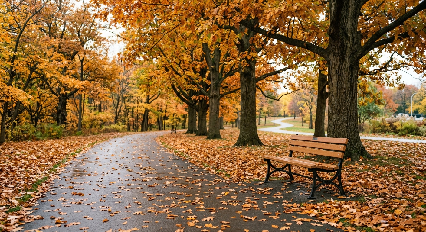an empty park bench along a paved walking path lined with large autumn trees and scattered fallen leaves in a quiet urban park during daytime, natural everyday