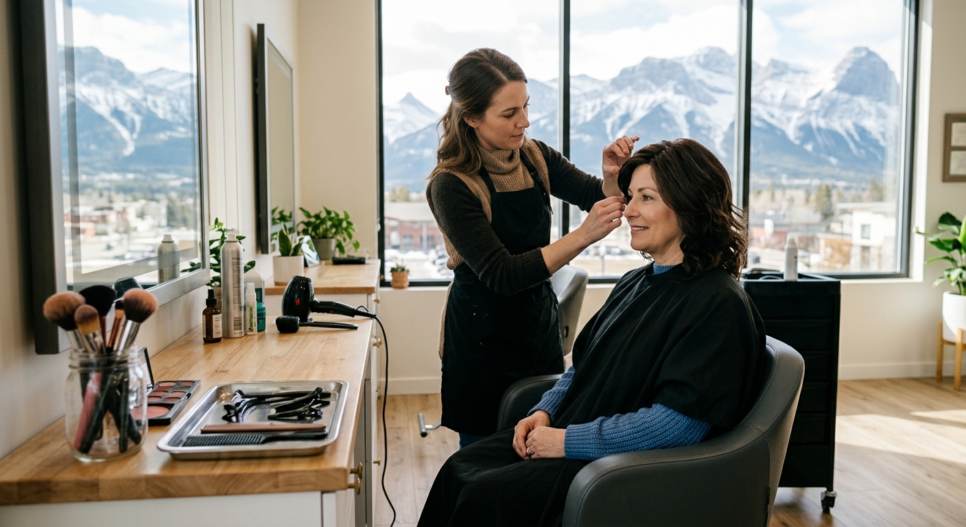a female stylist gently adjusting a wig on a woman seated in a salon chair inside a bright, modern clinic room, with makeup brushes and styling tools on a nearb