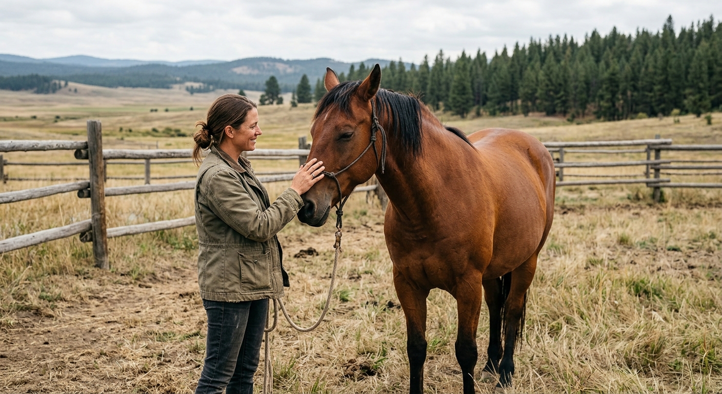 a rescue worker in a casual jacket gently petting the face of a rescue horse in a dry grassy pasture enclosed by a wooden fence, with rolling plains and distant