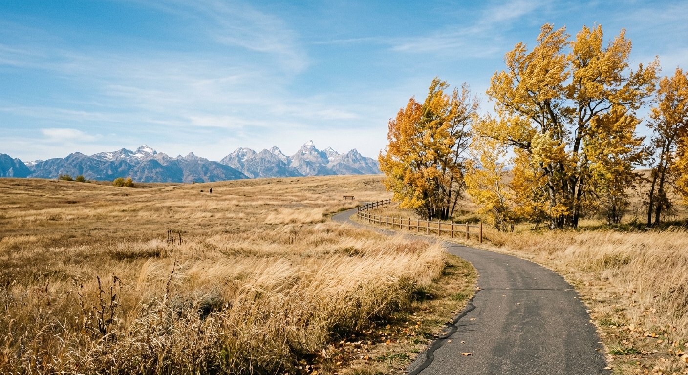 a dry grassy field in autumn with mature trees showing yellow leaves blowing in the wind, a paved walking path, and distant rocky mountain peaks under a bright