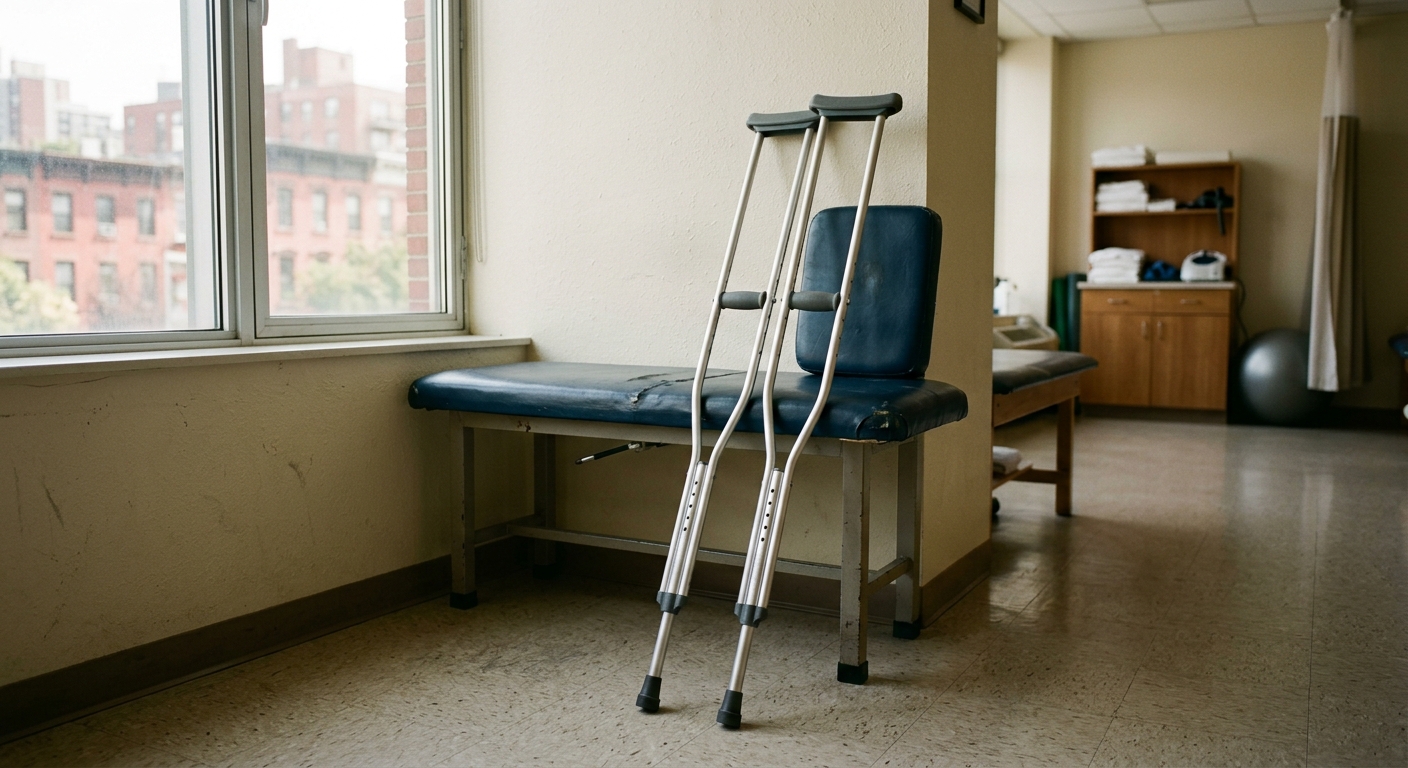 a pair of metal forearm crutches leaning against a padded physical therapy bench in an empty clinic room, with soft sunlight filtering through a nearby window s