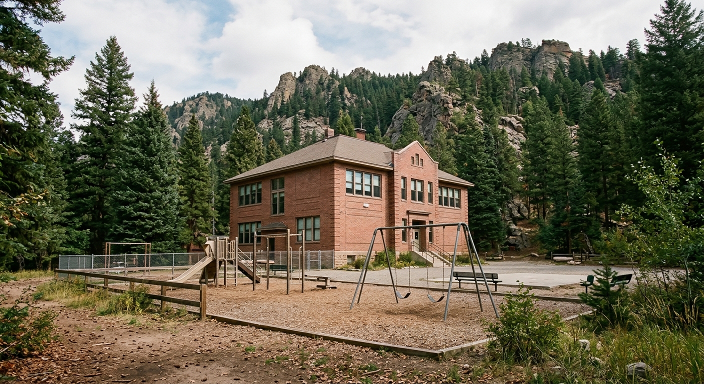 a brick public school building exterior nestled near rocky foothills and tall pine trees, an empty playground in the foreground, natural everyday lighting, shot