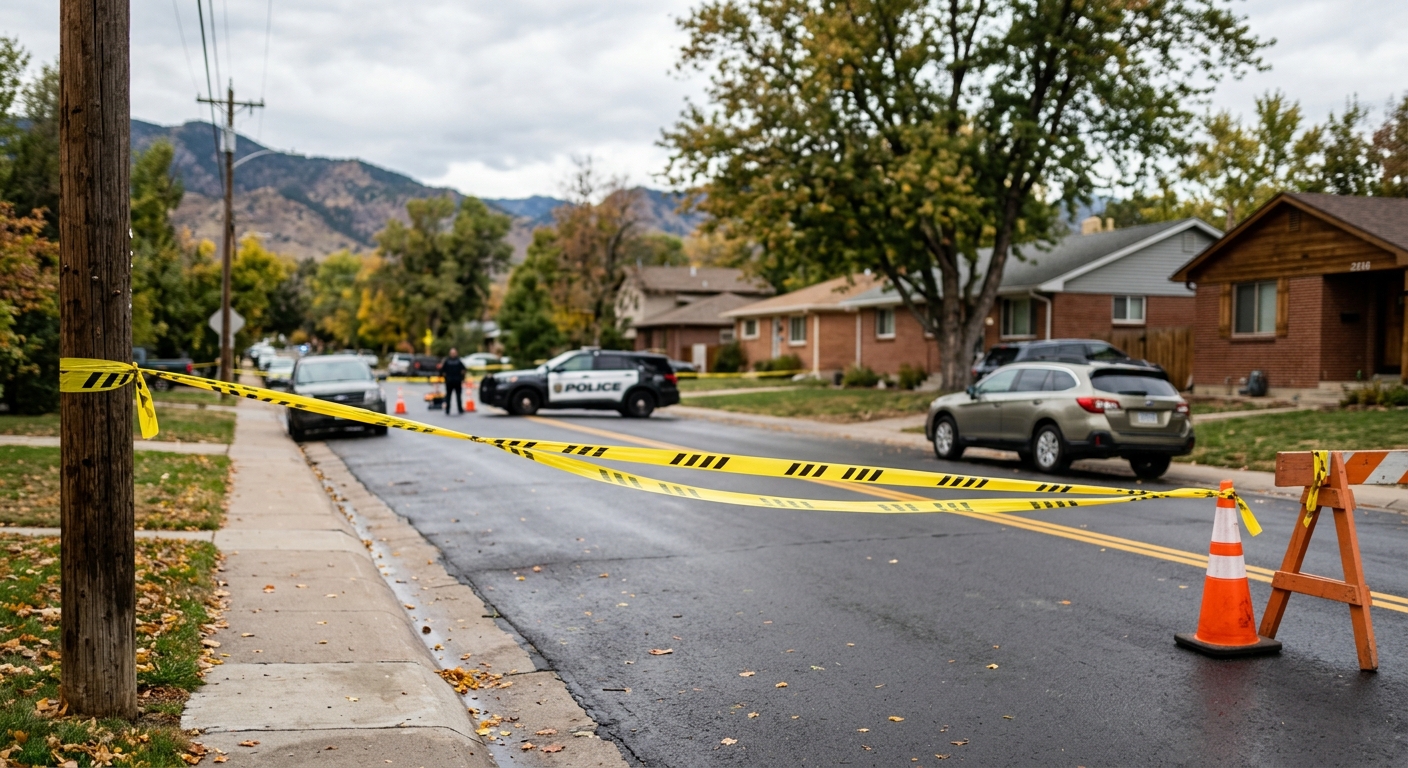 yellow crime scene tape cordoning off a section of a suburban street in a Colorado neighborhood, an out-of-focus police cruiser parked in the background, natura