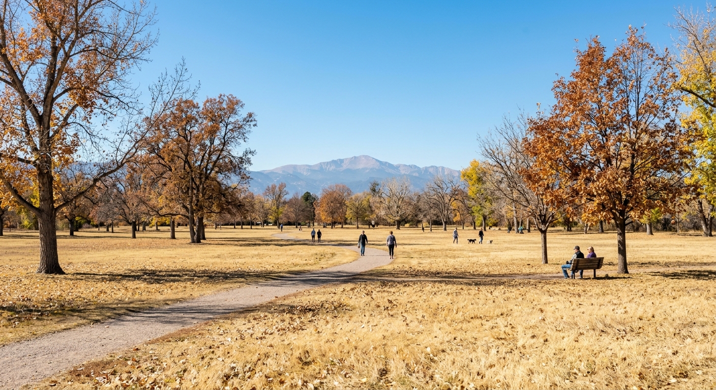 a sun-baked city park with dry, yellowed grass and autumn trees under a bright cloudless sky, with a distant silhouette of the Rocky Mountains in the background