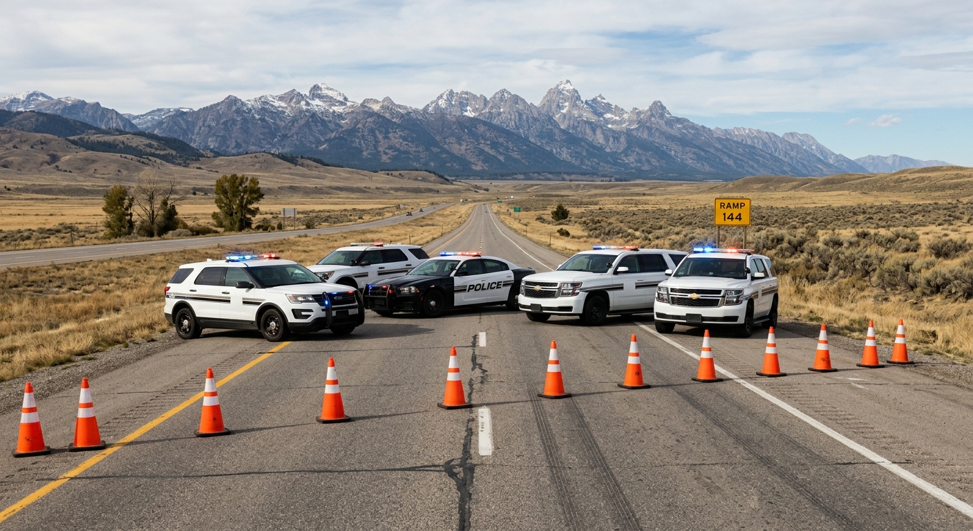 several generic police patrol vehicles with flashing lights parked across a highway off-ramp, blocking the road with orange traffic cones in the foreground, sur