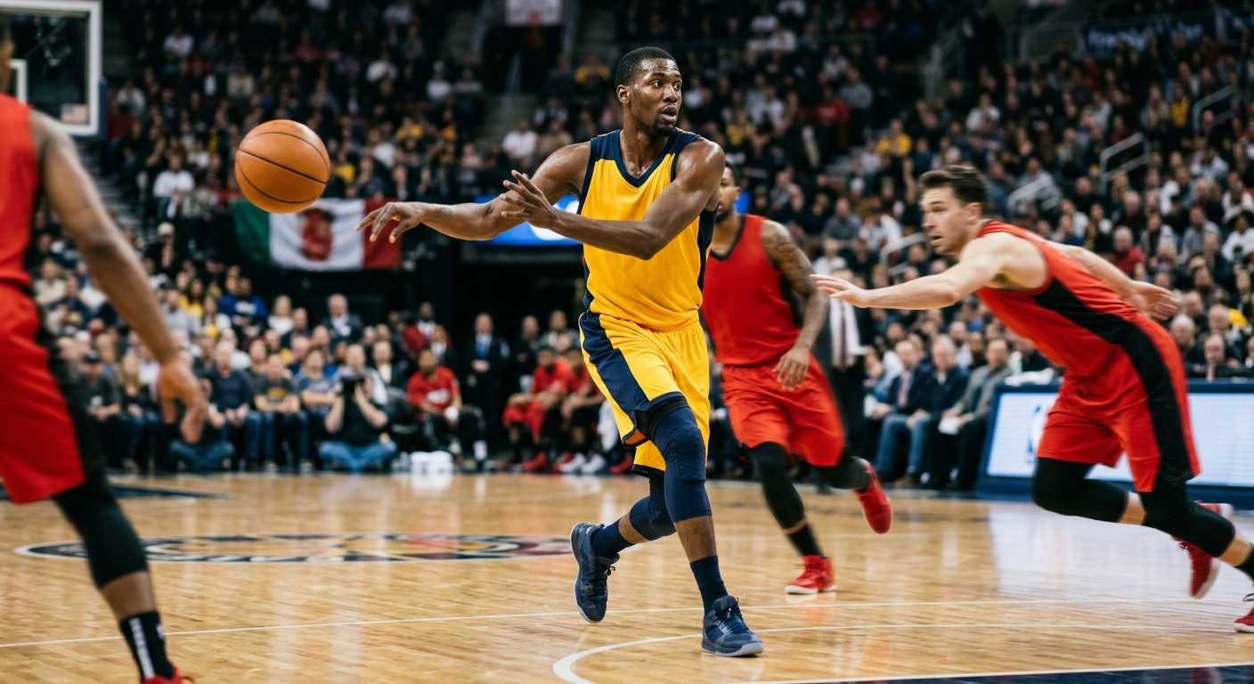 a tall professional basketball player in a generic yellow and navy blue jersey executing a fast no-look pass on a polished hardwood basketball court, surrounded
