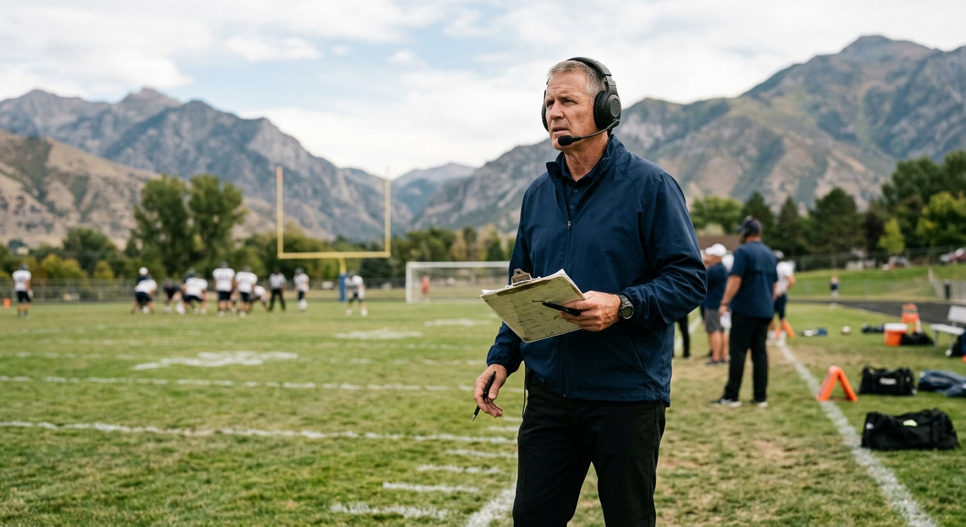an American football coach wearing a headset and holding a clipboard, standing on the sidelines of a grassy outdoor practice field with distant mountains in the