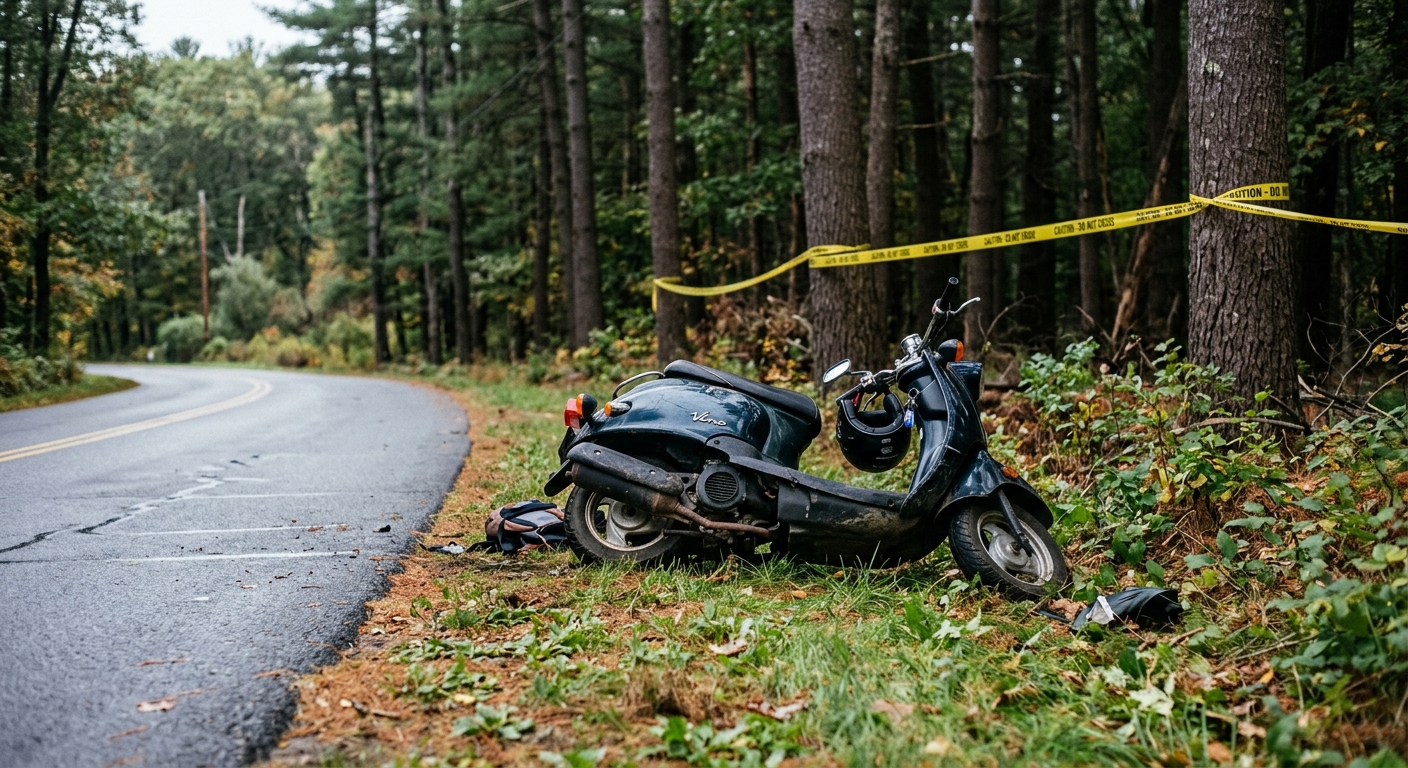 a tipped-over motor scooter resting on the grass shoulder of a paved suburban road near a wooded area with tall pine trees, yellow police tape tied between tree