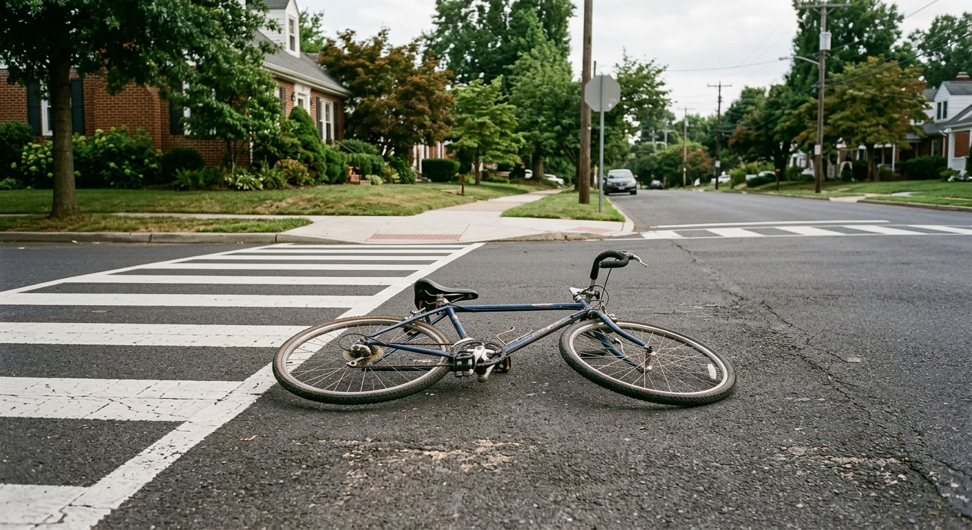 a bicycle lying on its side on the asphalt of a quiet suburban street corner near a crosswalk, natural everyday lighting, shot on a DSLR camera, slight film gra