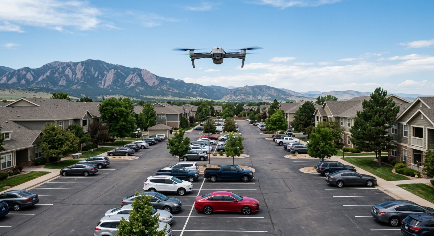 a small quadcopter drone hovering in the sky above a suburban apartment complex parking lot, looking down toward a parked red sedan, a distant mountain range in