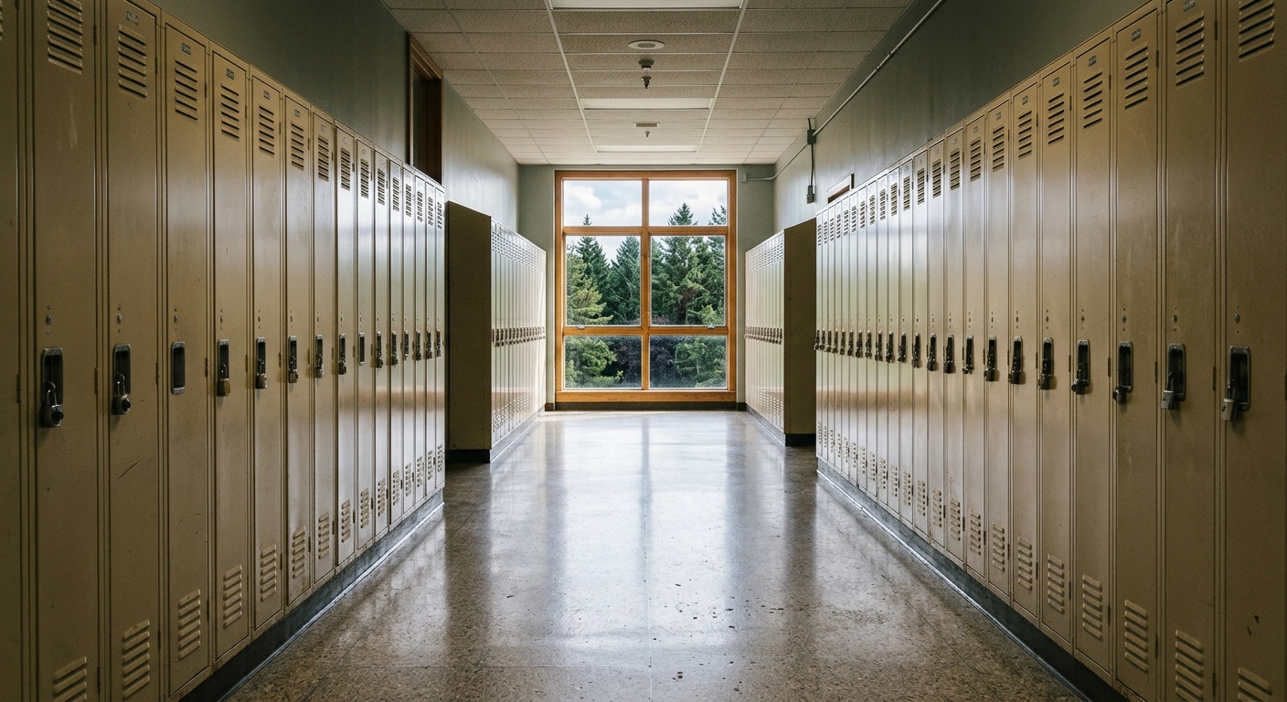 an empty high school hallway lined with closed metal lockers, soft daylight streaming through a window at the far end showing distant pine trees, natural everyd