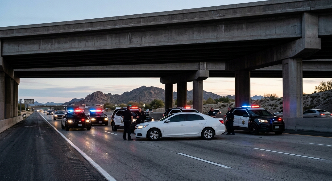 a stopped sedan angled sideways on a multi-lane highway, surrounded by law enforcement vehicles with flashing lights in the early morning dawn under a large con