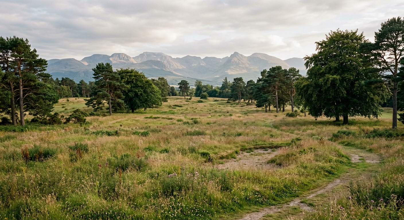 a large, overgrown grassy field with scattered mature pine and elm trees, representing a former golf course awaiting redevelopment, with distant mountains visib