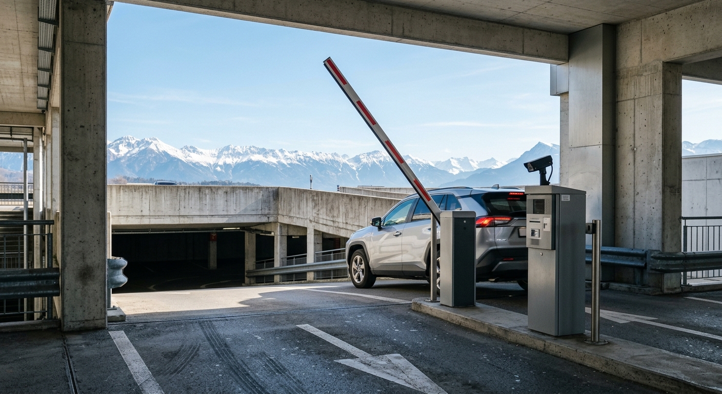 a modern electronic parking barrier gate opening automatically for a vehicle entering a concrete airport parking garage, a small camera sensor mounted on the en