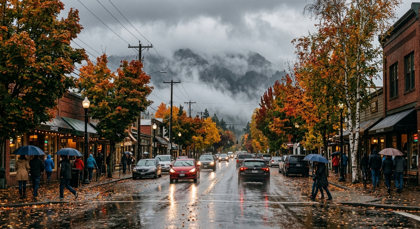 a rain-soaked city street lined with autumn trees, wet pavement reflecting heavy gray overcast skies, and distant mountain foothills shrouded in low clouds, nat