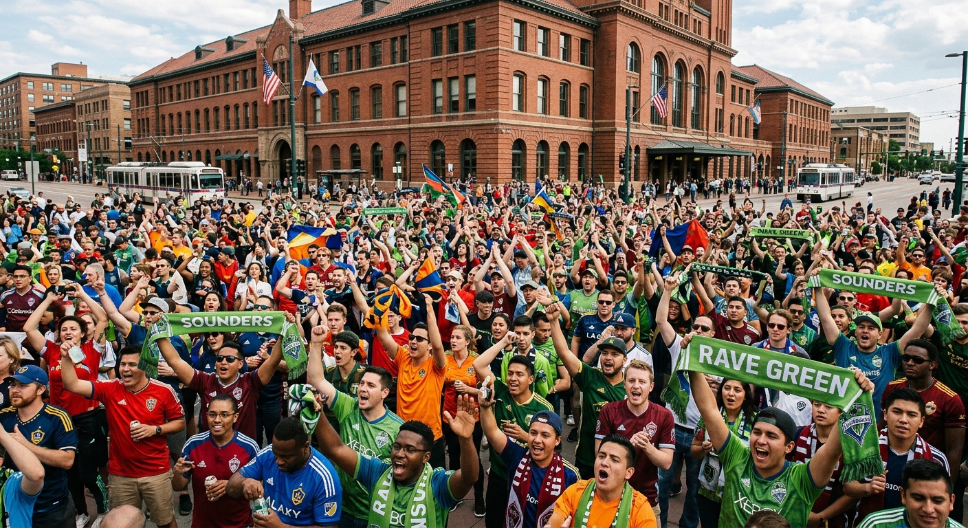 a large, dense crowd of soccer fans wearing diverse team colors, cheering enthusiastically outside a large historic brick train station in a western American ci