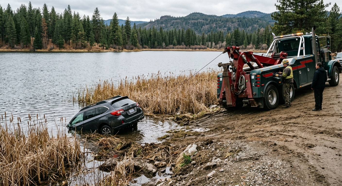 a partially submerged passenger car near the reedy edge of a lake, with distant pine trees and foothills in the background, a heavy-duty tow truck parked on the