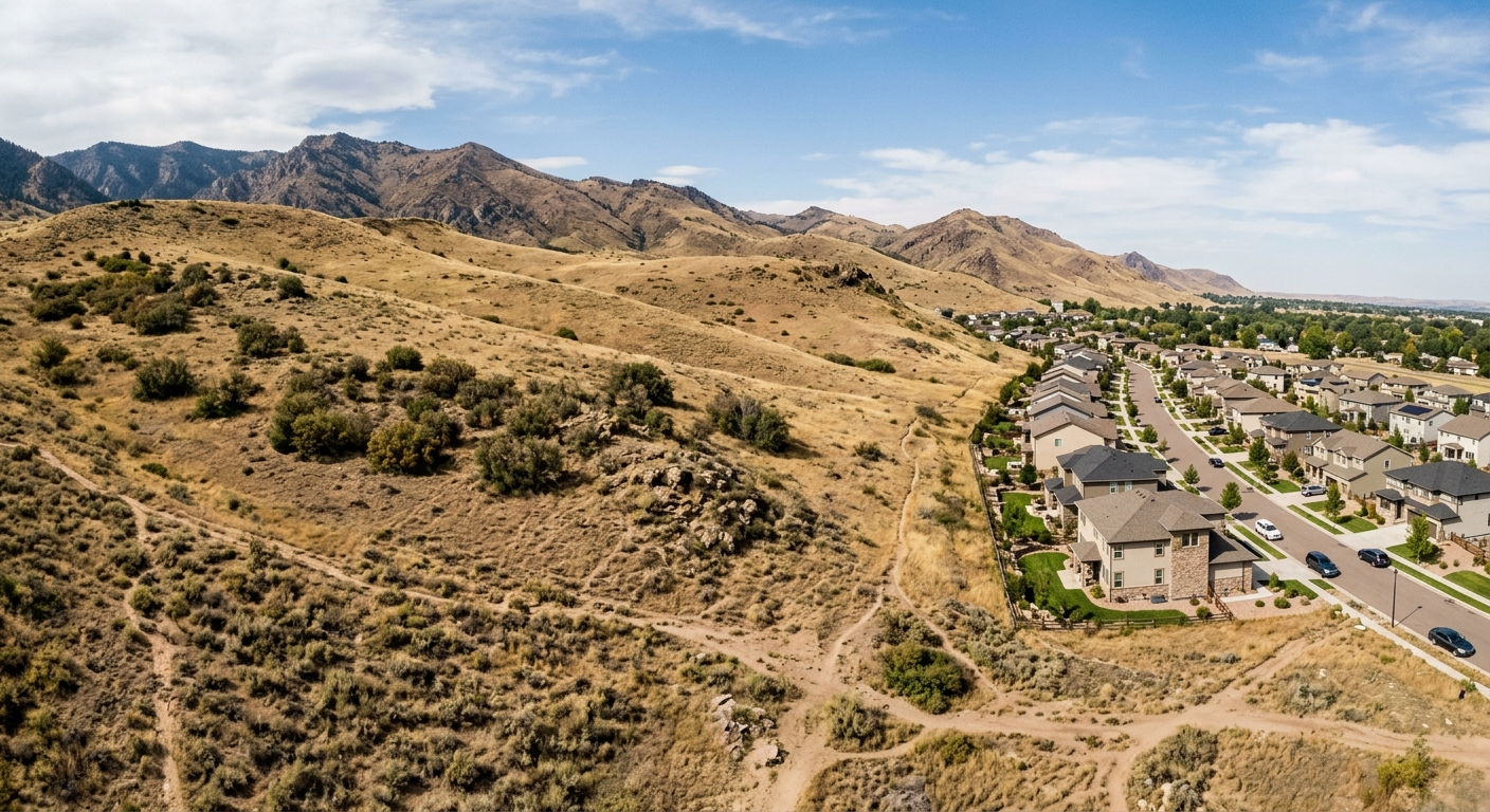 a wide expanse of dry grassy hills and scrub oak bordering a suburban housing neighborhood with modern homes, representing the edge of a public park meeting res