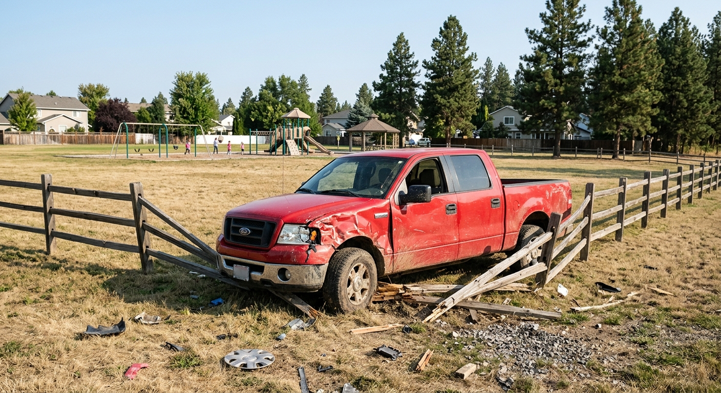a damaged red pickup truck resting against a broken wooden fence on the edge of a suburban neighborhood park, scattered debris and playground equipment in the b