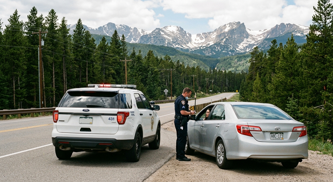 a police SUV parked behind a passenger car on the shoulder of a suburban road lined with pine trees and distant mountains, depicting a routine traffic stop, nat