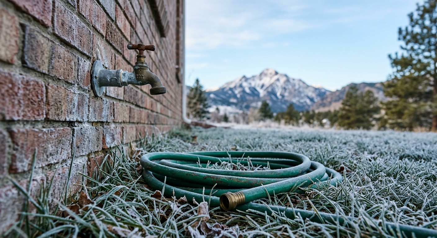 a metal outdoor water faucet on the side of a brick house with a disconnected green garden hose resting on frost-covered grass, with a slightly blurred view of