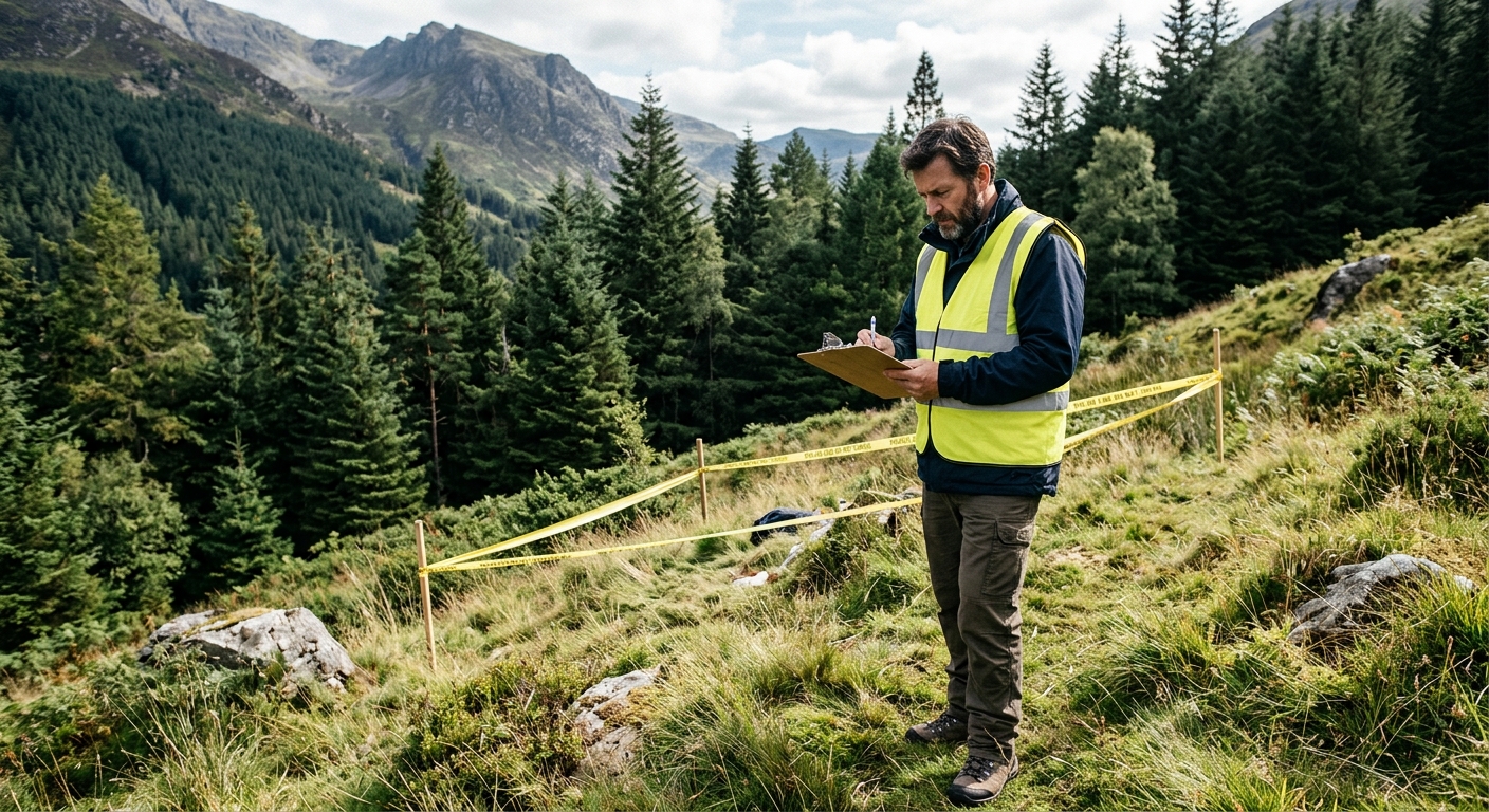 an investigator in a plain high-visibility vest taking notes on a clipboard near a cordoned-off grassy hillside surrounded by pine trees and rugged mountain foo