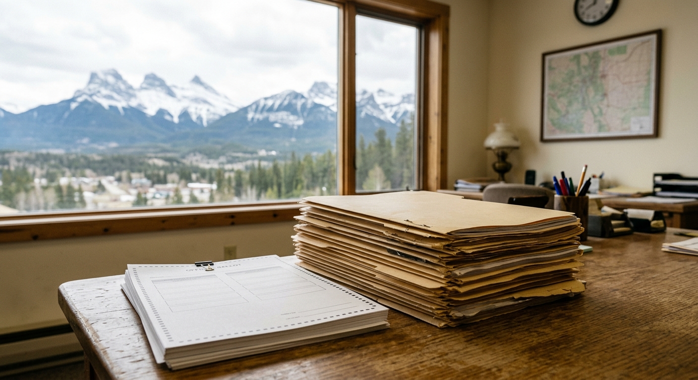 a stack of manila legal folders and blank voting forms on a wooden desk in a municipal office, with a window showing a distant view of snow-capped mountains, na