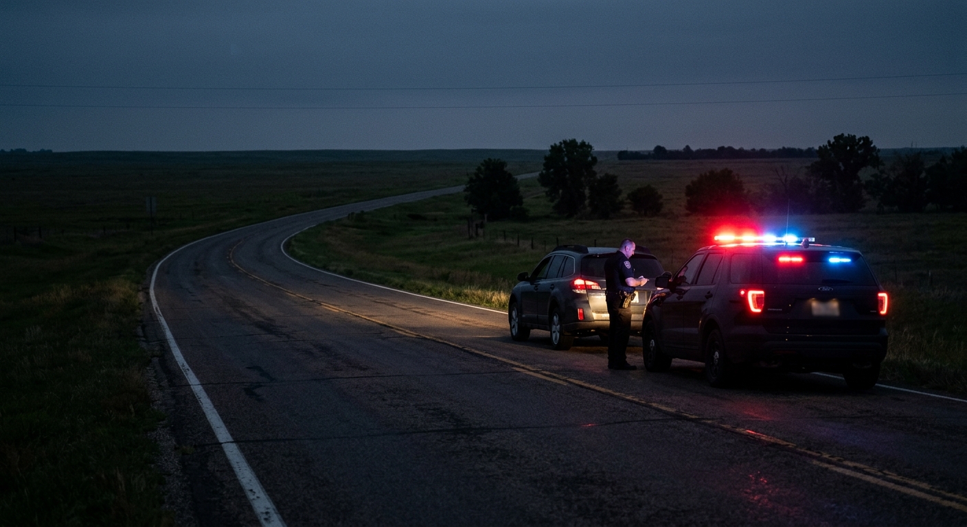a dark rural two-lane highway in the early morning before sunrise, illuminated by the headlights of a pulled-over sedan and the out-of-focus flashing red and bl