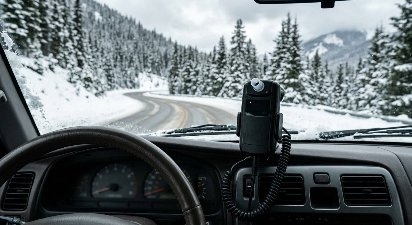 an ignition interlock breathalyzer device wired to the dashboard inside a vehicle, with a blurred view of a snowy mountain road and pine trees visible through t