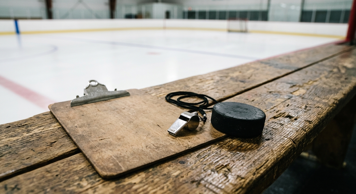 a blank clipboard, a silver whistle, and a hockey puck resting on the scarred wooden boards of an empty indoor ice rink with blurred white ice in the background