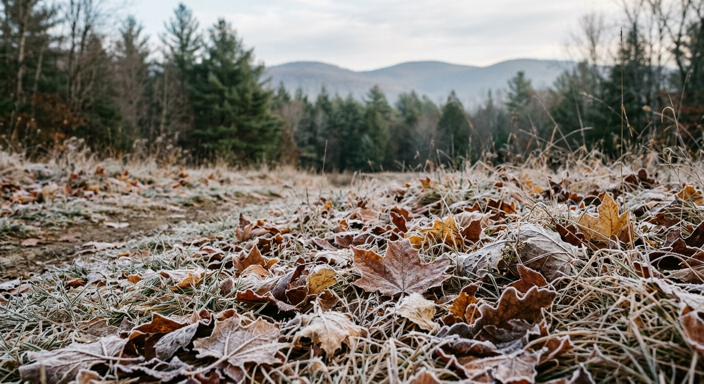 frost covering fallen autumn leaves and dry grass in a public park, with blurred pine trees and rolling foothills in the distant background, natural everyday li