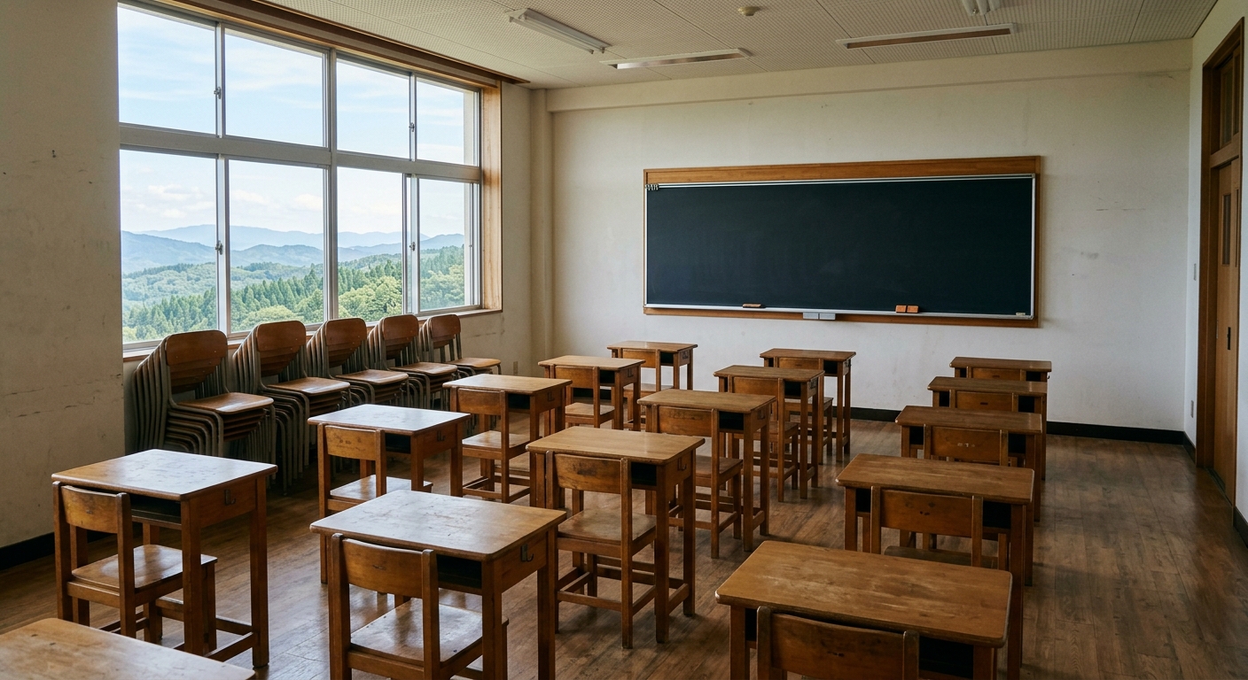 a quiet, empty classroom with several vacant wooden desks and stacked chairs, sunlight streaming through a window showing distant mountain foothills, natural ev