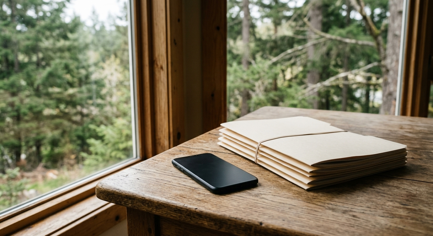 a smartphone lying next to a stack of closed manila folders on a wooden kitchen table, a blurred view of pine trees visible through a nearby window, natural eve