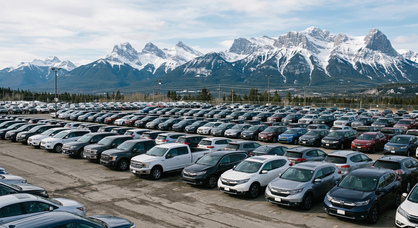 vehicles parked in rows at an outdoor auto lot with snow-capped mountains visible in the background, natural everyday lighting, shot on a DSLR camera, slight fi