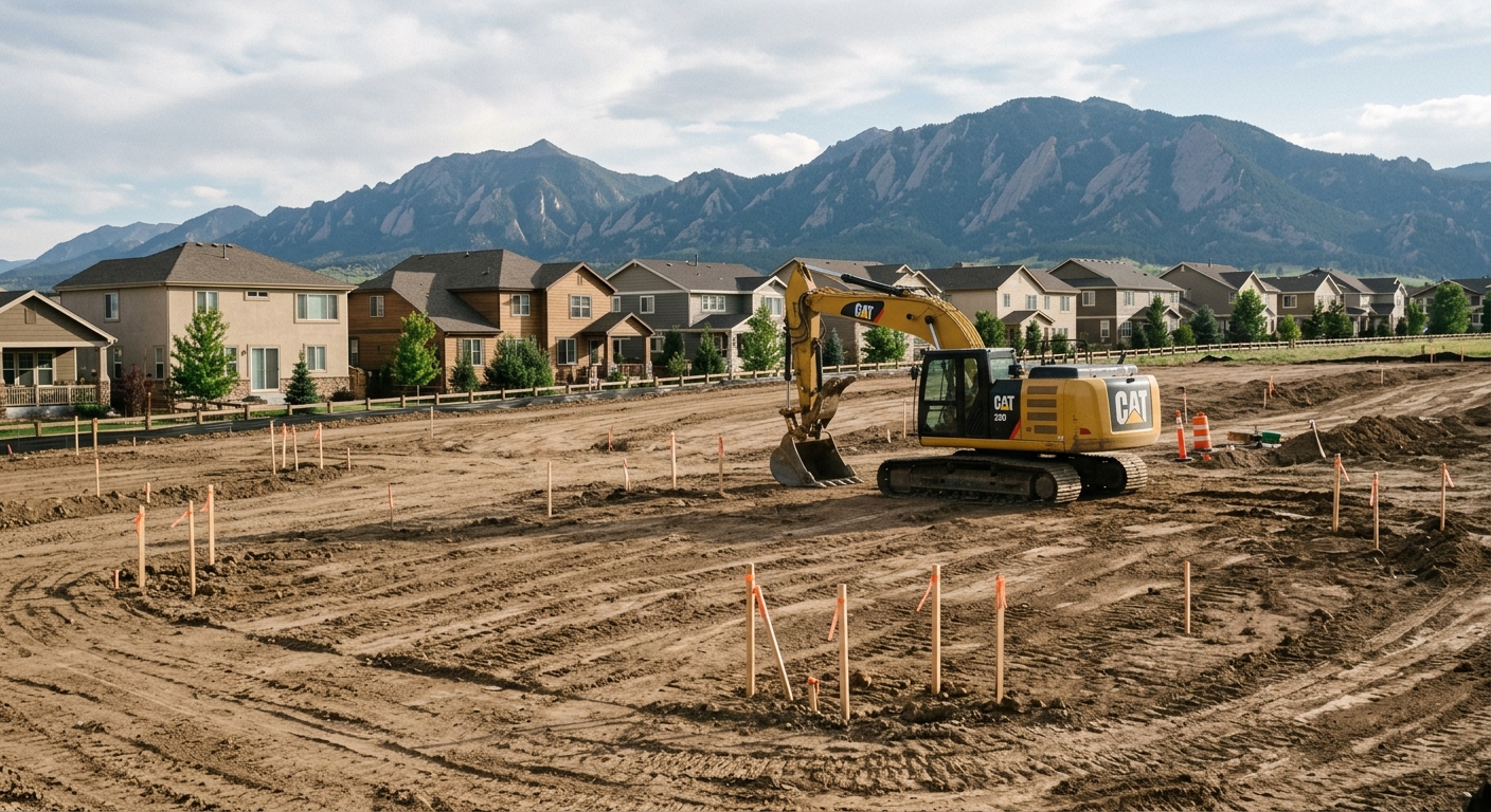 a graded dirt construction site in a suburban neighborhood, featuring wooden surveyor stakes and a parked yellow excavator, with a row of residential houses and